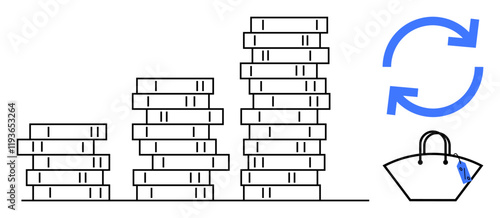 Stacked coins increasing in height, next to a purse under curved arrows denoting a cycle. Ideal for financial growth, investment, savings, revenue, budget planning, economy, market progression