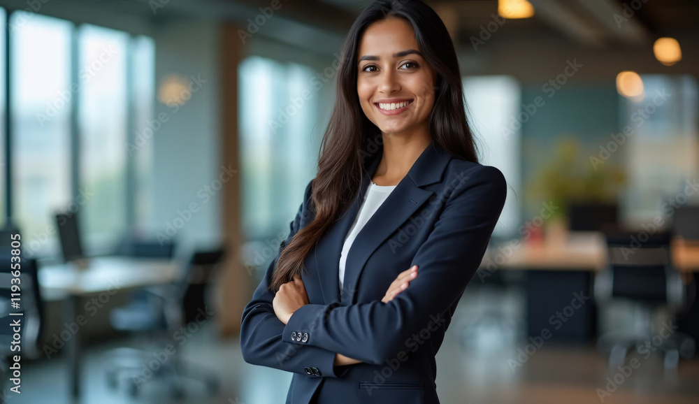 Posing in her office with her hands folded and a toothy smile on her face, this young Indian businesswoman exudes positivity and beauty. Headshot image of a contented female worker, professional, and Posing in her office with her hands folded and a toothy smile on her face, this young Indian businesswoman exudes positivity and beauty. Headshot image of a contented female worker, professional, and