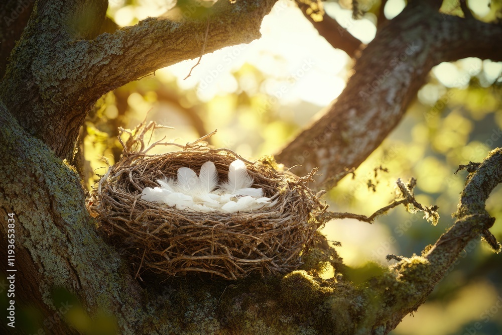 A bird's nest nestled in a moss-covered tree branch, bathed in golden sunlight, holds soft white feathers. A bird's nest nestled in a moss-covered tree branch, bathed in golden sunlight, holds soft white feathers.