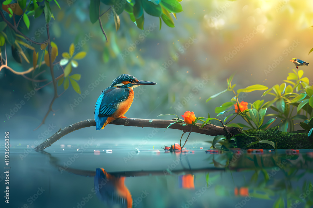 Majestic Kingfisher Perched by Tranquil Waters in Lush Natural Habitat Majestic Kingfisher Perched by Tranquil Waters in Lush Natural Habitat