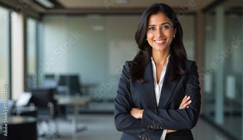 Posing in her office with her hands folded and a toothy smile on her face, this young Indian businesswoman exudes positivity and beauty. Headshot image of a contented female worker, professional, and 