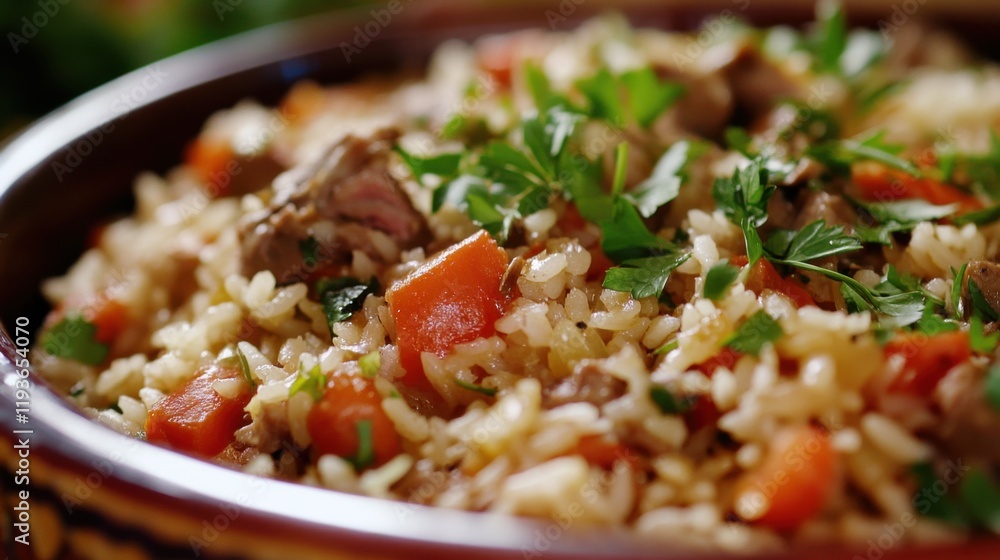 Close-up of rice and Turkish pilaf with lamb and vegetables in a traditional Turkish serving dish, emphasizing savory and rich qualities. Ideal for Turkish cuisine and festive meals. Close-up of rice and Turkish pilaf with lamb and vegetables in a traditional Turkish serving dish, emphasizing savory and rich qualities. Ideal for Turkish cuisine and festive meals.