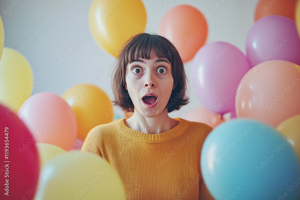 Obraz premium Joyous Celebration: An Individual Immersed in a Sea of Festive Balloons