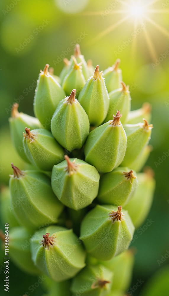 Fototapeta premium Cluster of green flower buds with sunlight in the background 