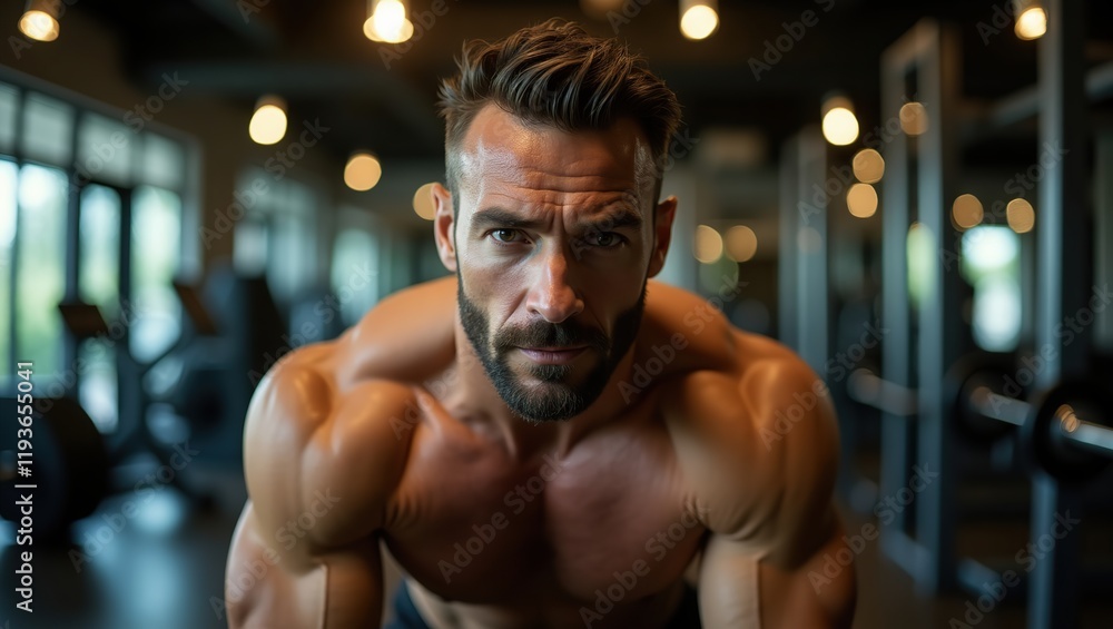 Fototapeta premium Strong, muscular, athletic male with a determined expression,exercising in a modern sport gym.