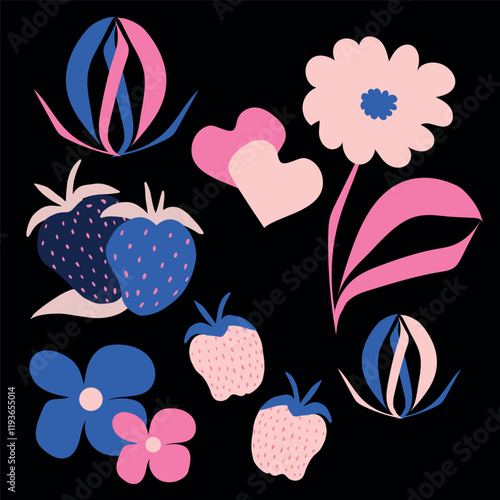 Vector set of flowers and strawberries in a blue and pink palette.