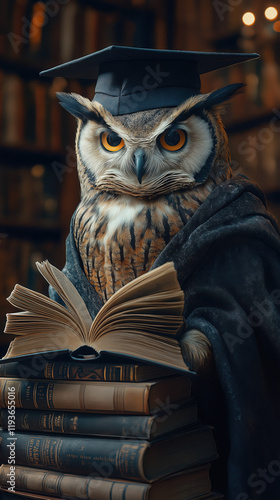 Wallpaper Mural Owl in Graduation Cap and Gown Perched on Books in a Classic Library, Symbolizing Wisdom and Achievement Torontodigital.ca