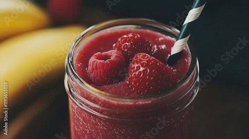 Wallpaper Mural Fresh raspberry and strawberry smoothie in a glass jar with straw Torontodigital.ca