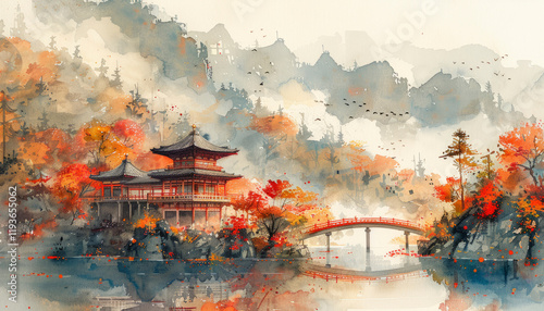 Watercolor of Japan, illustration. AI generative