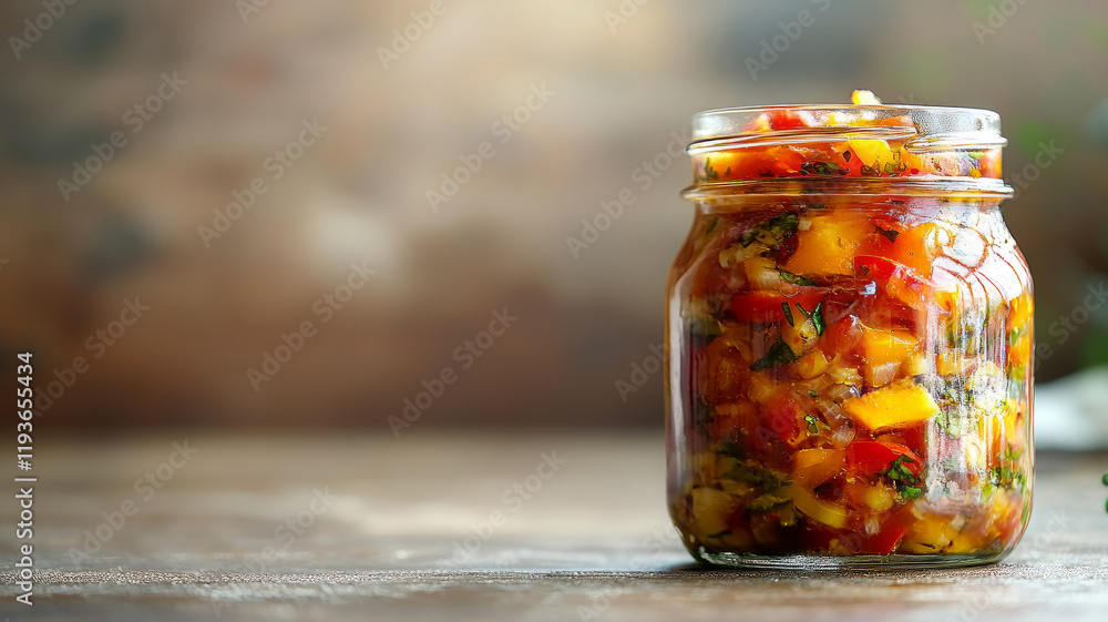 Jar of homemade salsa on a wooden table. Jar of homemade salsa on a wooden table.