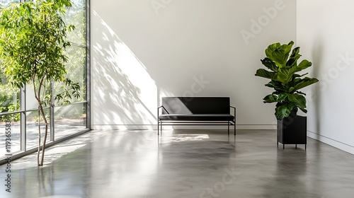Modern minimalist interior featuring a sleek black sofa, vibrant potted plant, and natural light