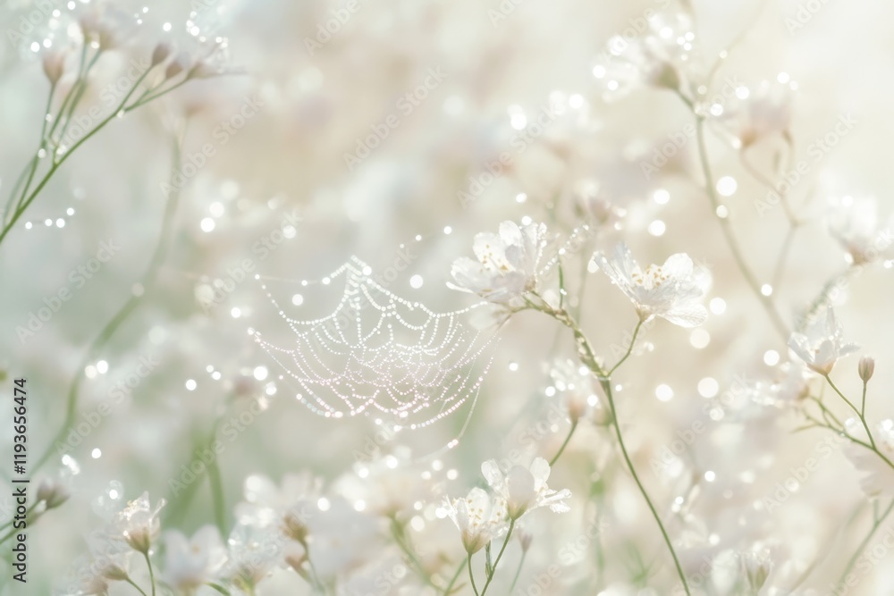 Naklejka premium Delicate dew-kissed spiderweb graces a field of ethereal white baby's breath flowers.