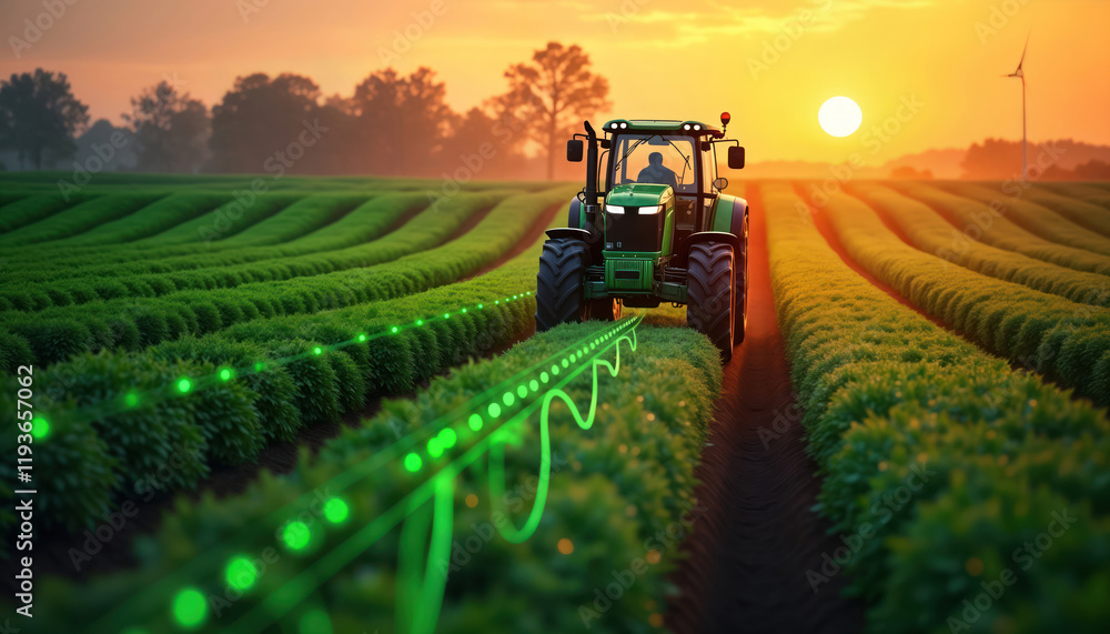 Modern tractor works in cultivated field at sunrise. Green crops planted in neat rows. Tech, smart agri eco systems at work. Future of farming. Automated processes used. Precision, sustainability. Modern tractor works in cultivated field at sunrise. Green crops planted in neat rows. Tech, smart agri eco systems at work. Future of farming. Automated processes used. Precision, sustainability.