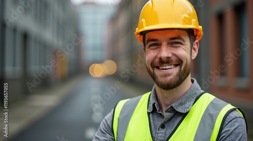 Wallpaper Mural Portrait of a construction worker smiling with helmet and vest. Torontodigital.ca