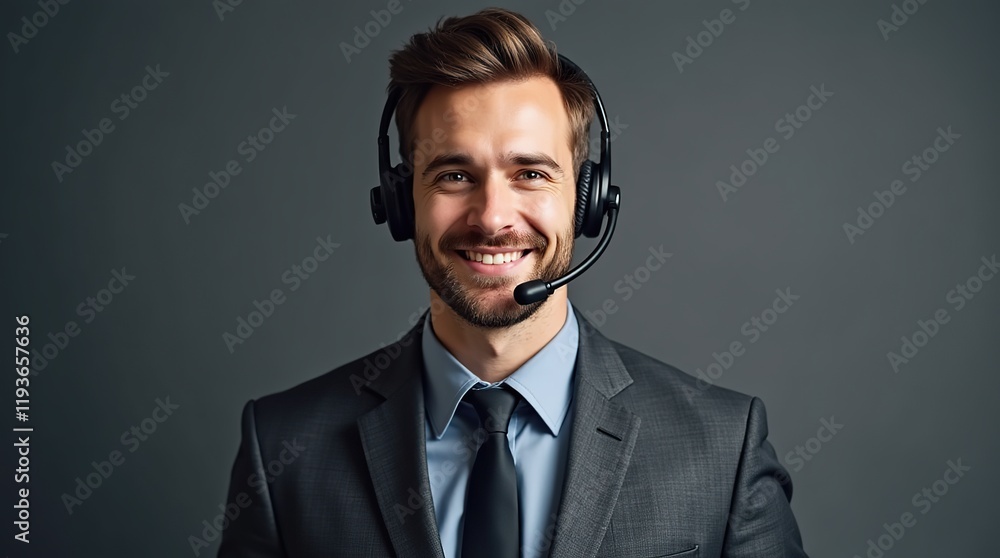 Portrait of a smiling male call center operator wearing a headset.