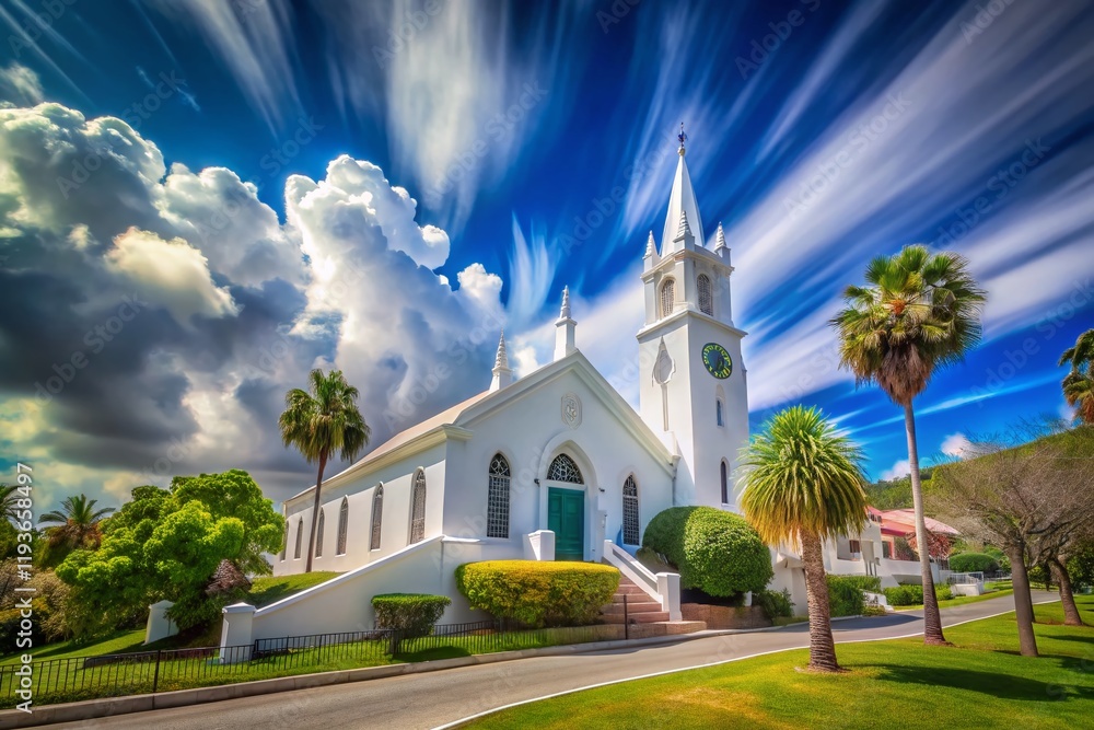 Fototapeta premium Panning Shot: Bermuda Church, Sunny Day, Green Trees, White Clouds