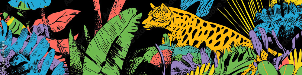 Naklejka premium Stylized Illustration of Jaguar and Tropical Plants