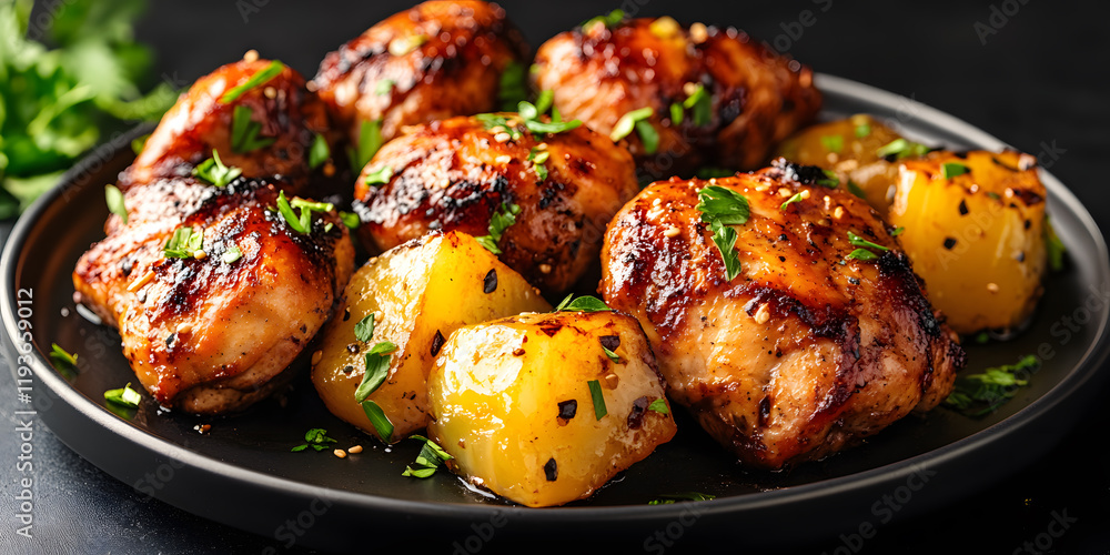 Grilled chicken with roasted potatoes. A delicious and healthy meal. Grilled chicken with roasted potatoes. A delicious and healthy meal.