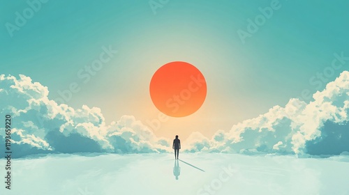 A silhouetted individual stands beneath a vast, orange sun amid a dreamy cloudscape, capturing a sense of wonder, hope, and exploration in this surreal artwork. photo