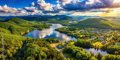 Panoramic Aerial View of Bartlett, NH Summer Scenery: Mountains, Lakes, and Green Forests