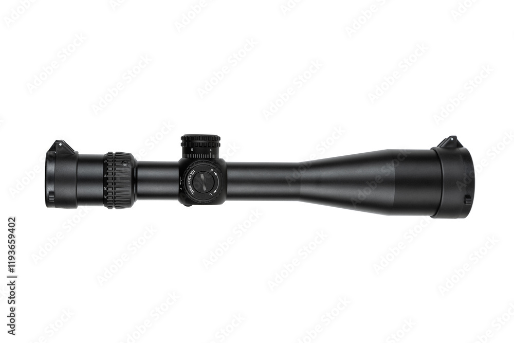 A black rifle scope with lens covers, adjustment knobs, and a honeycomb filter isolate on white background. A black rifle scope with lens covers, adjustment knobs, and a honeycomb filter isolate on white background.