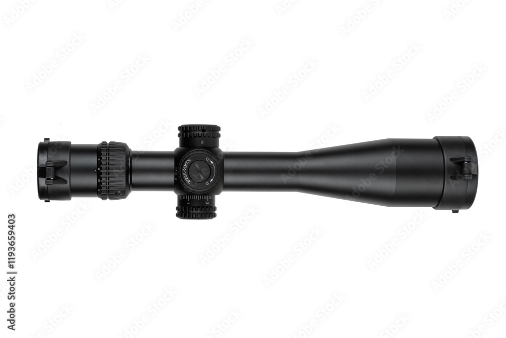 A black rifle scope with lens covers, adjustment knobs, and a honeycomb filter isolate on white background. A black rifle scope with lens covers, adjustment knobs, and a honeycomb filter isolate on white background.