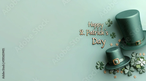 Perfect St. Patrick's Day background and banner with gold greeting text, shamrocks and green hats with buckles on pastel green backdrop with ample empty space