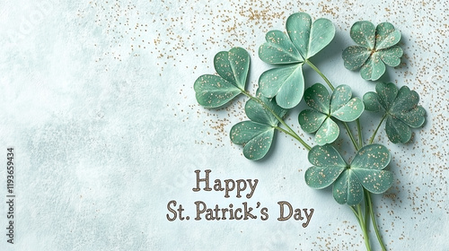 St. Patrick's Day greeting with green clover and gold glitter on pastel background with space for text