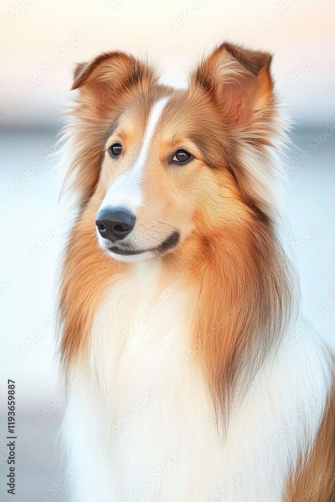 Cute dog of lassie breed on the background of natural picturesque landscape. Rough Collie, long-coated hair dog Cute dog of lassie breed on the background of natural picturesque landscape. Rough Collie, long-coated hair dog