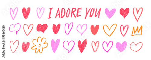 Red and pink crayon drawn linear and silhouette hearts collection. Romantic phrase I adore you.