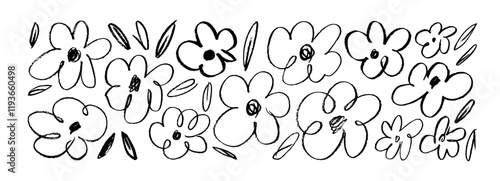 Simple cute crayon drawn chamomile flowers with leaves collection.