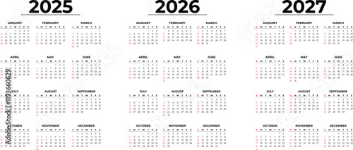 Calendars 2025 2026 2027 - Symple Layout Illustration. Week starts on Monday. Calendar Set for 2025 2026 2027 year
