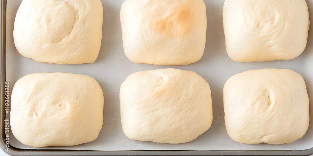 Six square-shaped bread dough pieces arranged on a baking tray, ready for baking. Soft, pale yellow dough awaits oven time. Six square-shaped bread dough pieces arranged on a baking tray, ready for baking. Soft, pale yellow dough awaits oven time.