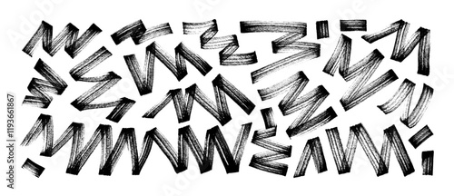 Brush drawn fun zigzag bold ribbons. Vector creative funky thick strokes, bold texture lines. Confetti style zigzag bold curly strokes. Childish scribble doodle elements. Festive ribbons.