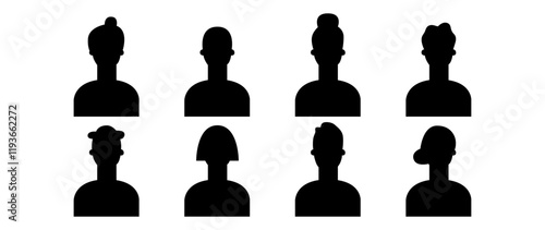 Vector flat illustration. Eight icons. Black silhouette of men and women. Avatar, user profile, person icon, profile picture. Suitable for social media profiles, icons, screensavers and as a template.
