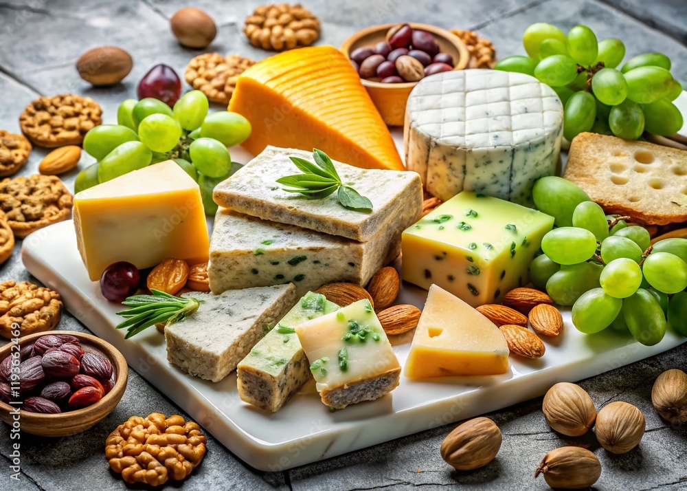 Panoramic Gourmet Cheese Platter: Grapes, Nuts, Crackers on Marble Panoramic Gourmet Cheese Platter: Grapes, Nuts, Crackers on Marble