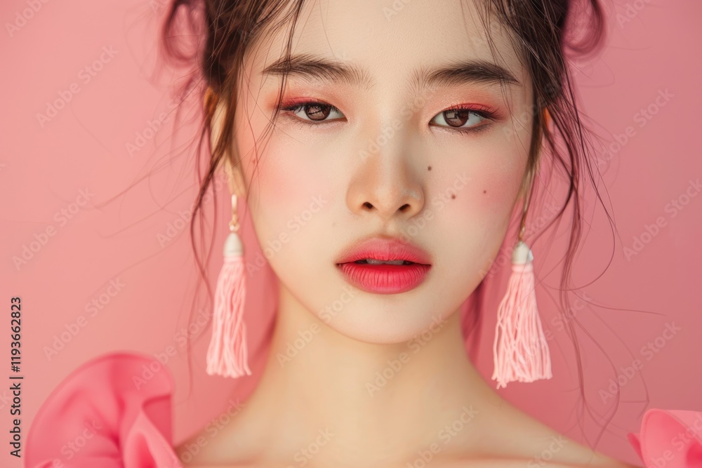 Asian woman in Korean makeup and pink dress with accessories. Asian woman in Korean makeup and pink dress with accessories.