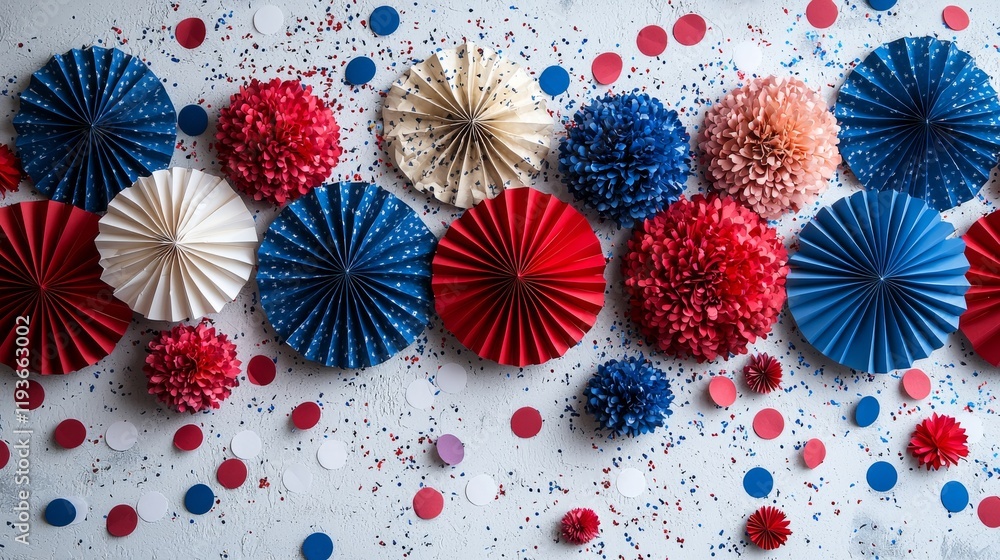 Patriotic background featuring paper fans on a white background, with red, blue, and white colors Patriotic background featuring paper fans on a white background, with red, blue, and white colors