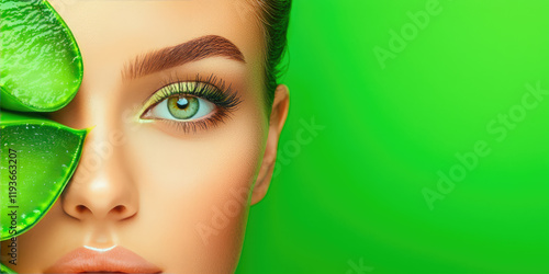 Woman young beautiful face with pieces of aloe vera plant. Clean perfect skin. SPA, wellness, skincare concept. 