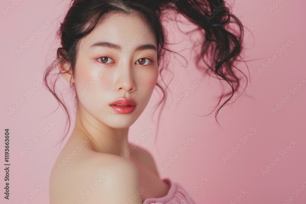 Naklejka premium Beauty portrait of young Asian woman in dress on pink background.