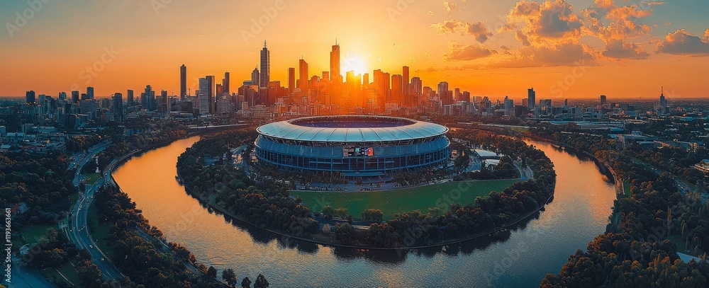 Obraz premium Aerial panoramic view of dawn over the MCG and AAMI stadium, with the CBD visible in the background