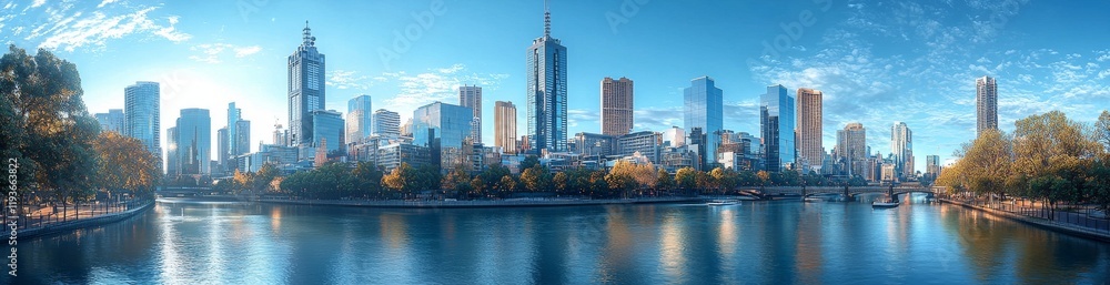 A panoramic view of Melbourne's beauty, captured from above the Yarra river on a summer day A panoramic view of Melbourne's beauty, captured from above the Yarra river on a summer day