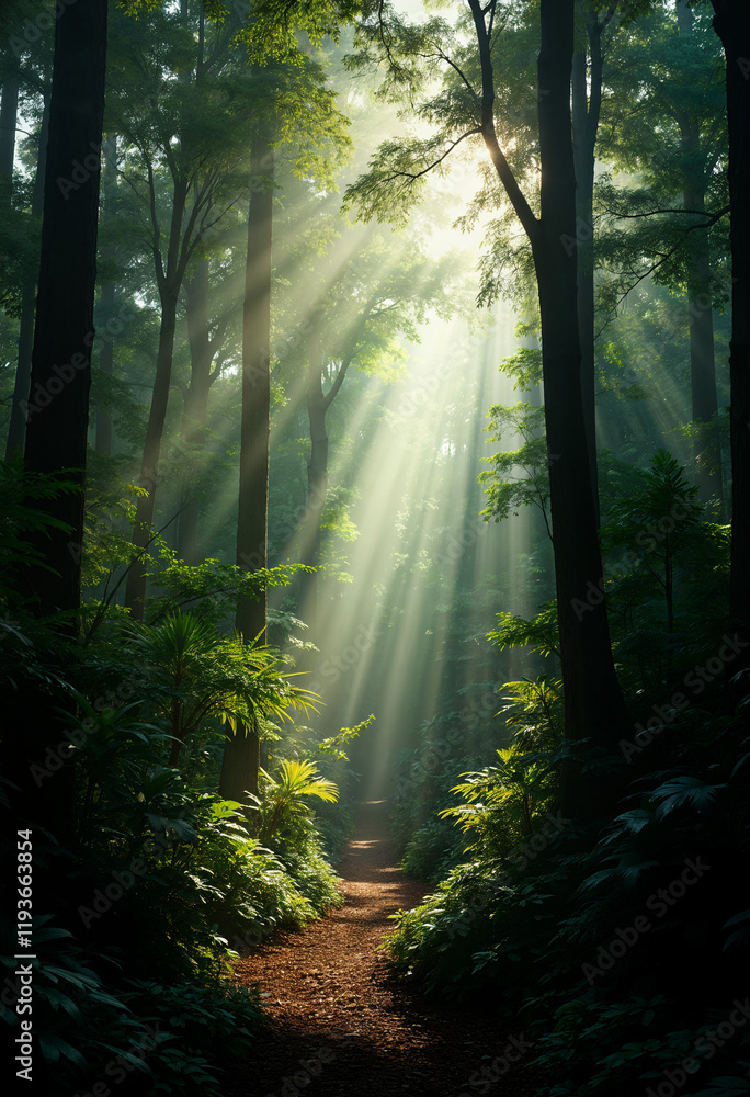 Obraz premium Tropical rainforest with sunlight filtering through the trees