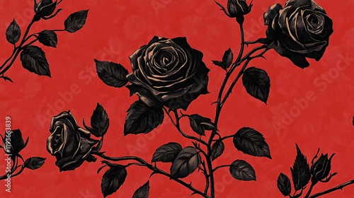 A striking pattern of black roses on a vibrant red background, adding bold elegance to any design. photo