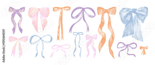 Crayon drawn cute bows and ribbons vector illustration. Girly style coquette decorative vector elements.