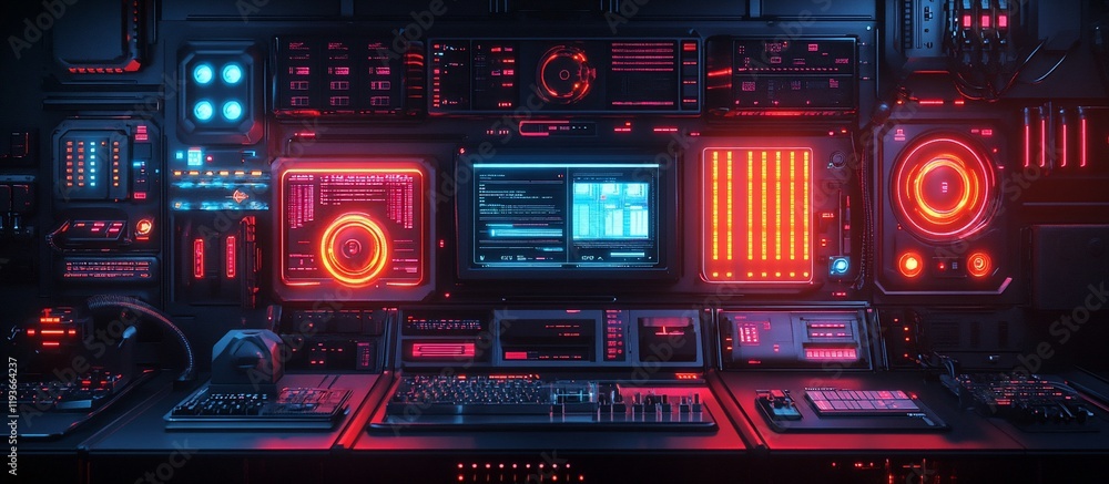 Futuristic Control Room: Neon Lights and Advanced Technology Futuristic Control Room: Neon Lights and Advanced Technology