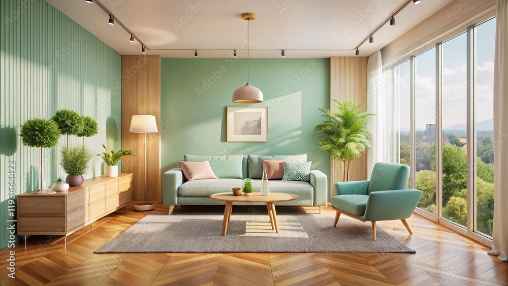 Fototapeta premium Panoramic Minimalist Living Room: Pastel Hues & Modern Design