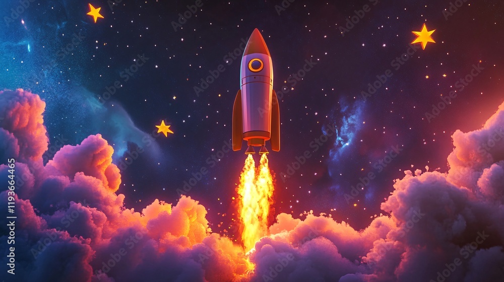 Fototapeta premium A vibrant rocket soaring through a colorful night sky filled with stars and clouds, symbolizing adventure and exploration.