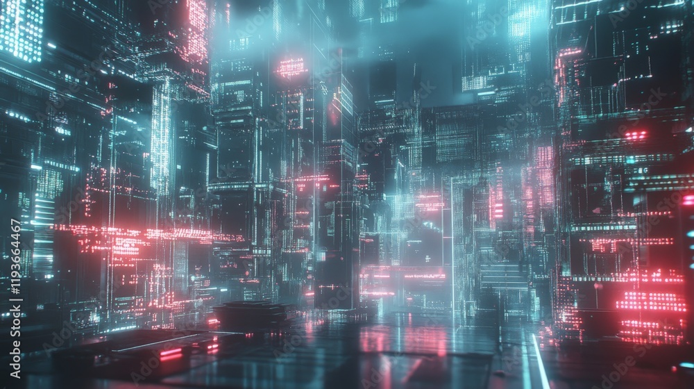 Futuristic cyberpunk cityscape with neon lights and digital grids Futuristic cyberpunk cityscape with neon lights and digital grids