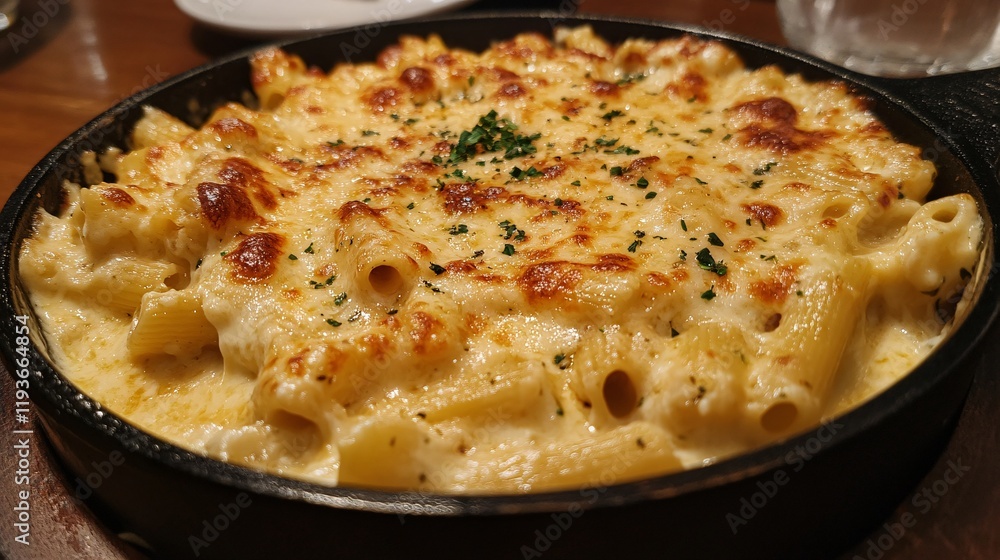 Deliciously baked mac and cheese in a sizzling skillet, topped with golden cheese and parsley. Deliciously baked mac and cheese in a sizzling skillet, topped with golden cheese and parsley.